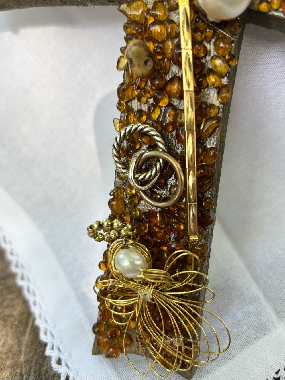 Handcrafted Amber-Tone Mixed Media Wall Cross - Picture 6 of 7